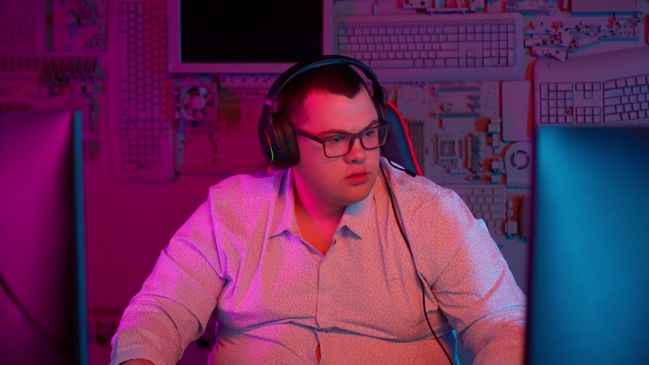 Focused Young Man Wearing Headphones Gaming in Neon Lit Room