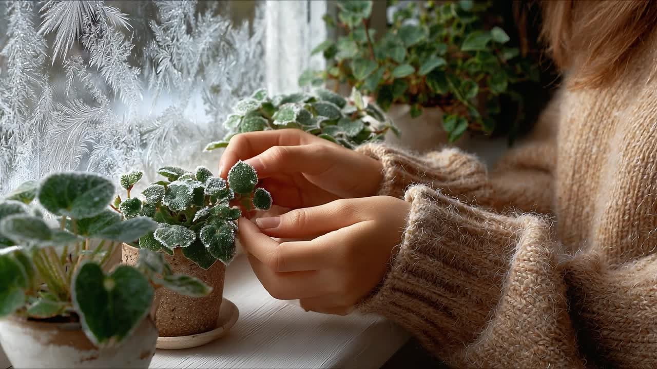 A Tranquil Home Scene: Tender Care for Potted Plants by a Frosted Window, Emphasizing the Beauty of Nature Inside a Cozy Environment