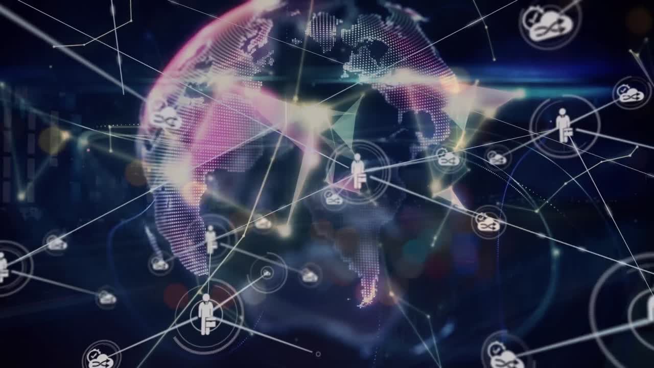 animación de la red de conexiones con las personas iconos sobre el tráfico y el mundo