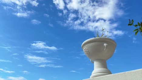 Time-Lapse-Of-Clouds-Moving-Against-A-Blue-Sky-Above-A-Large-Planter-Pot-With-A-Green-Plant