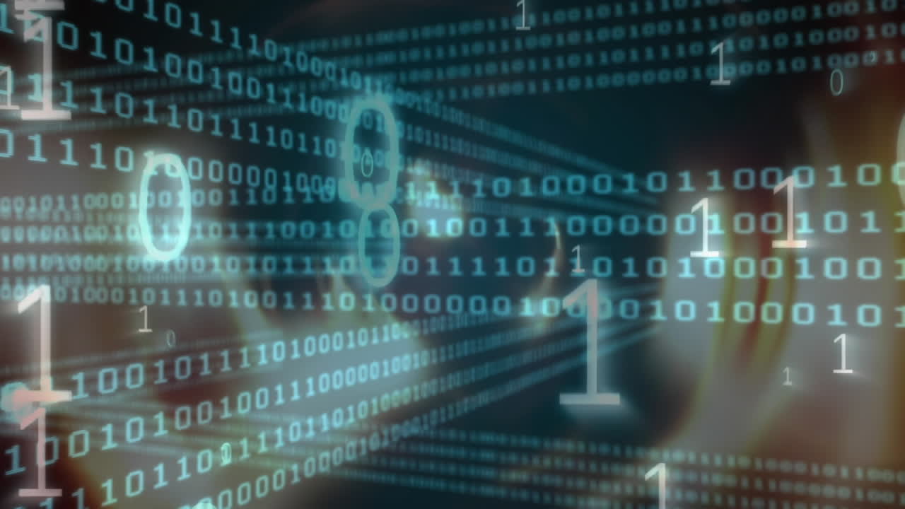 animación de codificación binaria y puntos de luz en fondo negro