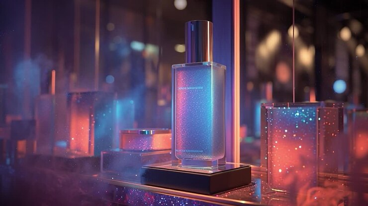 Elegante flacone di profumo illuminato da luci colorate in un ambiente moderno