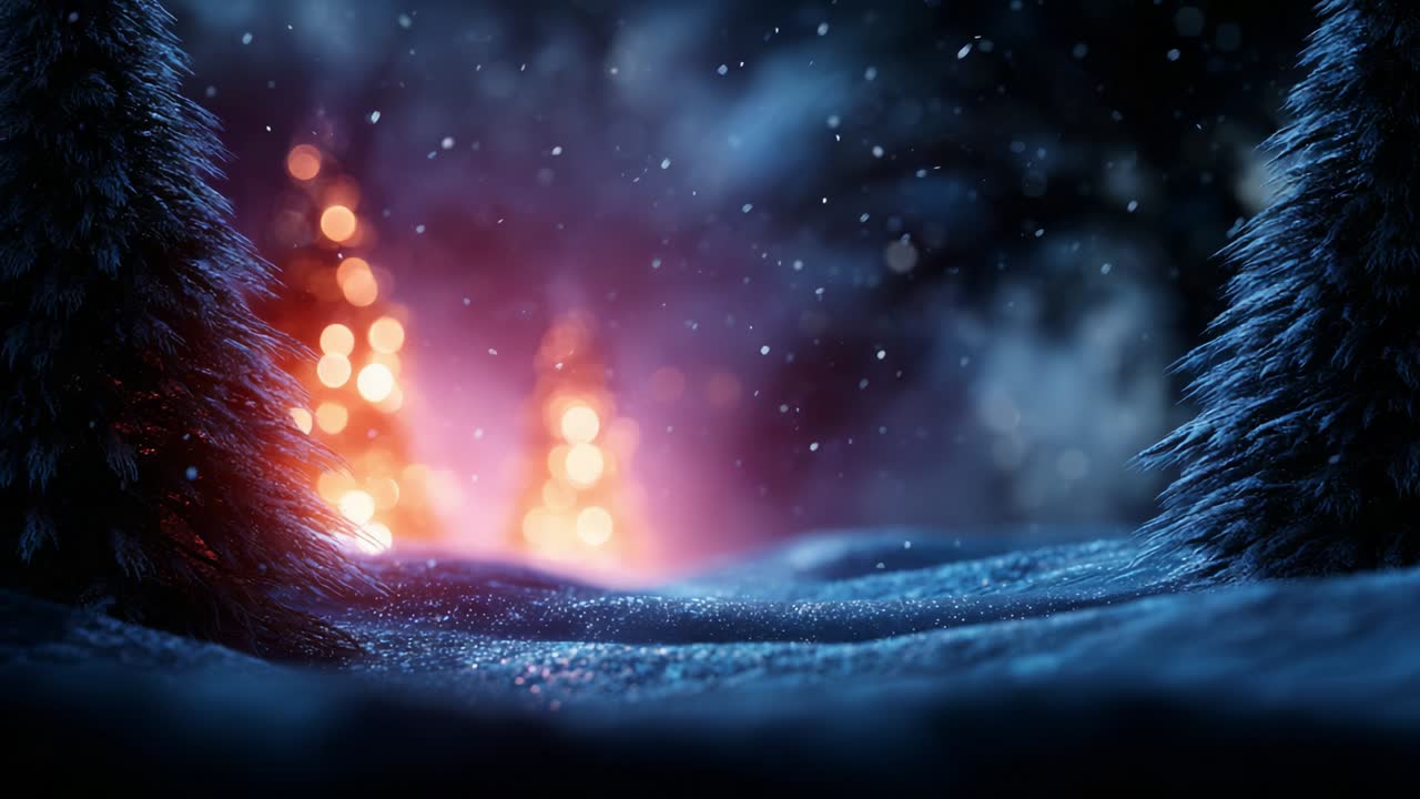 A Beautiful Winter Landscape with Snow-Covered Pine Trees, Glowing Orbs of Warm Light, and a Mystical Atmosphere, Capturing the Essence of the Holiday Season in a Snowy Wonderland