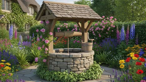 Charming Garden Well Surrounded by Vibrant Flowers and Lush Greenery, Perfectly Capturing the Beauty of Nature and Tranquility in a Serene Outdoor Space