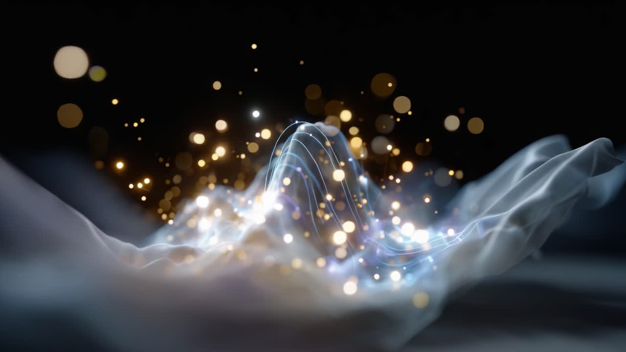 Un’accattivante rappresentazione visiva di onde eteree e luci scintillanti, che si fondono in una splendida danza di colori e texture su uno sfondo scuro