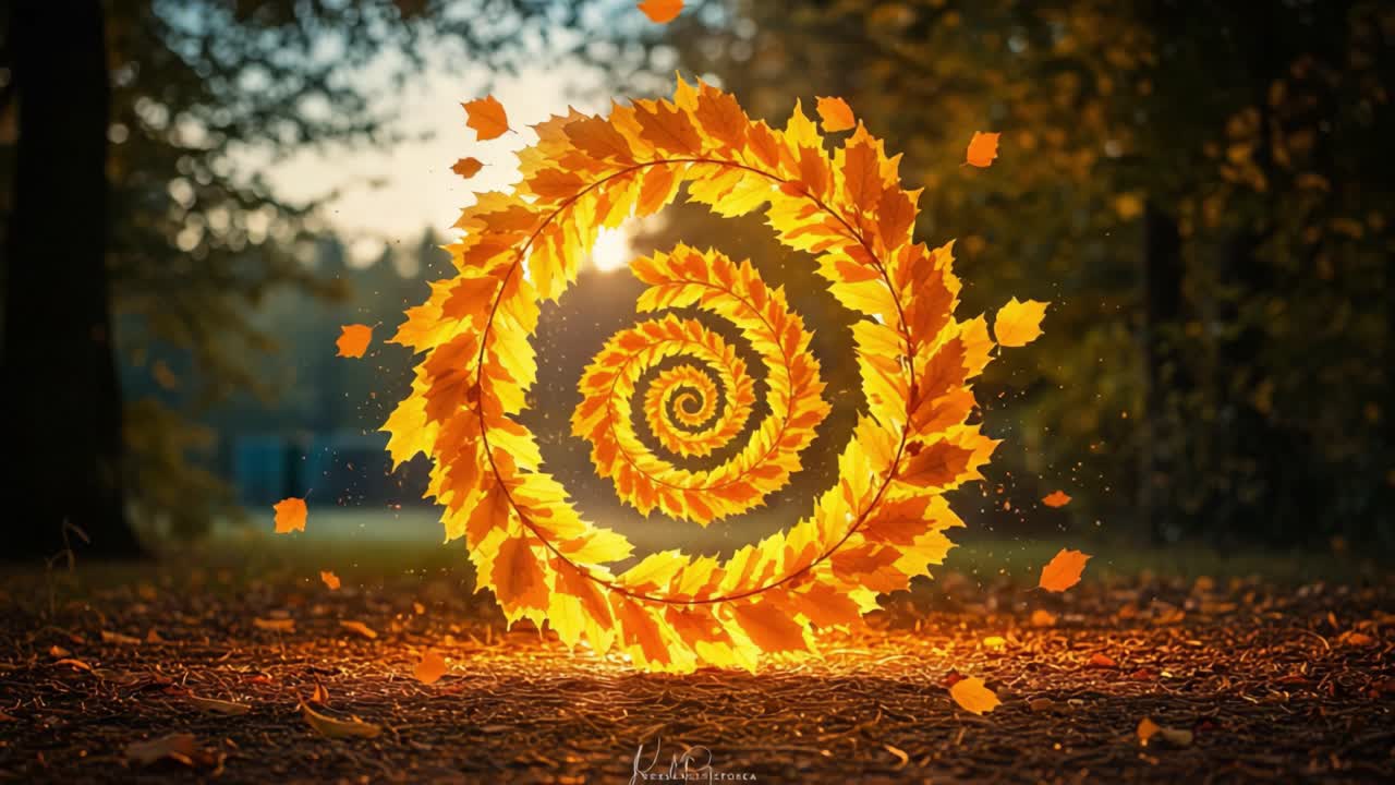 Captivating Spiral of Autumn Leaves Embellished by Magical Light in a Tranquil Forest Setting: A Visually Stunning Celebration of Nature's Colors