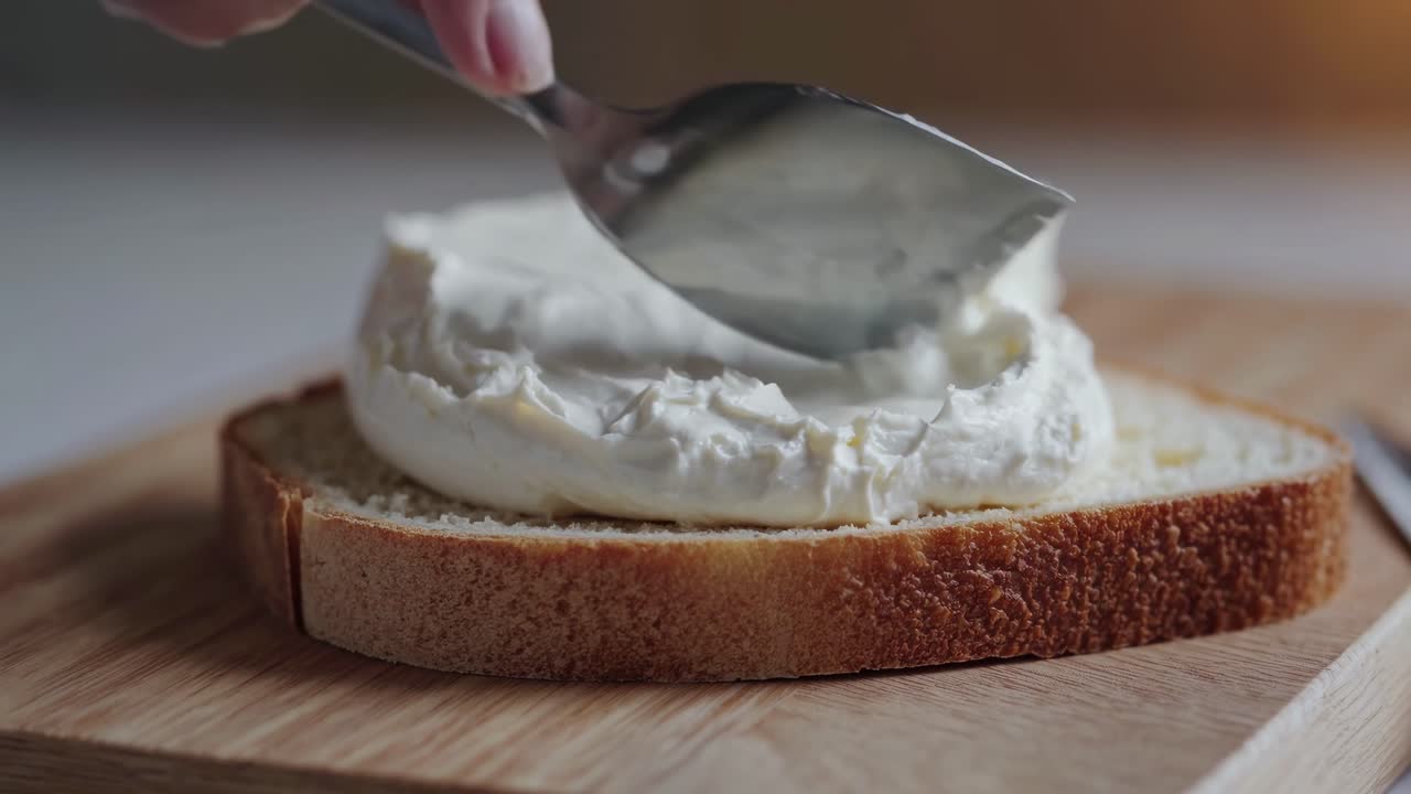 Close-up video of a hand spreading cream cheese on bread. The side angle captures the smooth texture