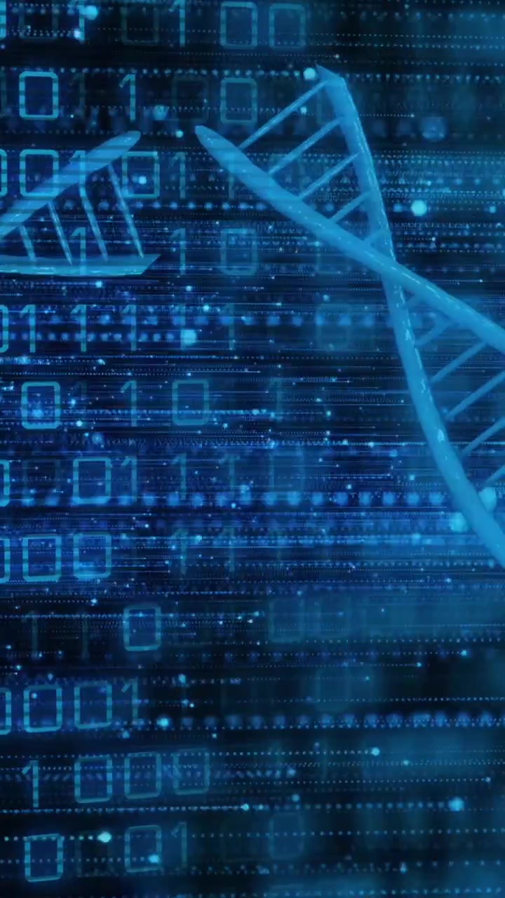 Animation of illuminated blue dna helix and binary codes over moving lines and dots