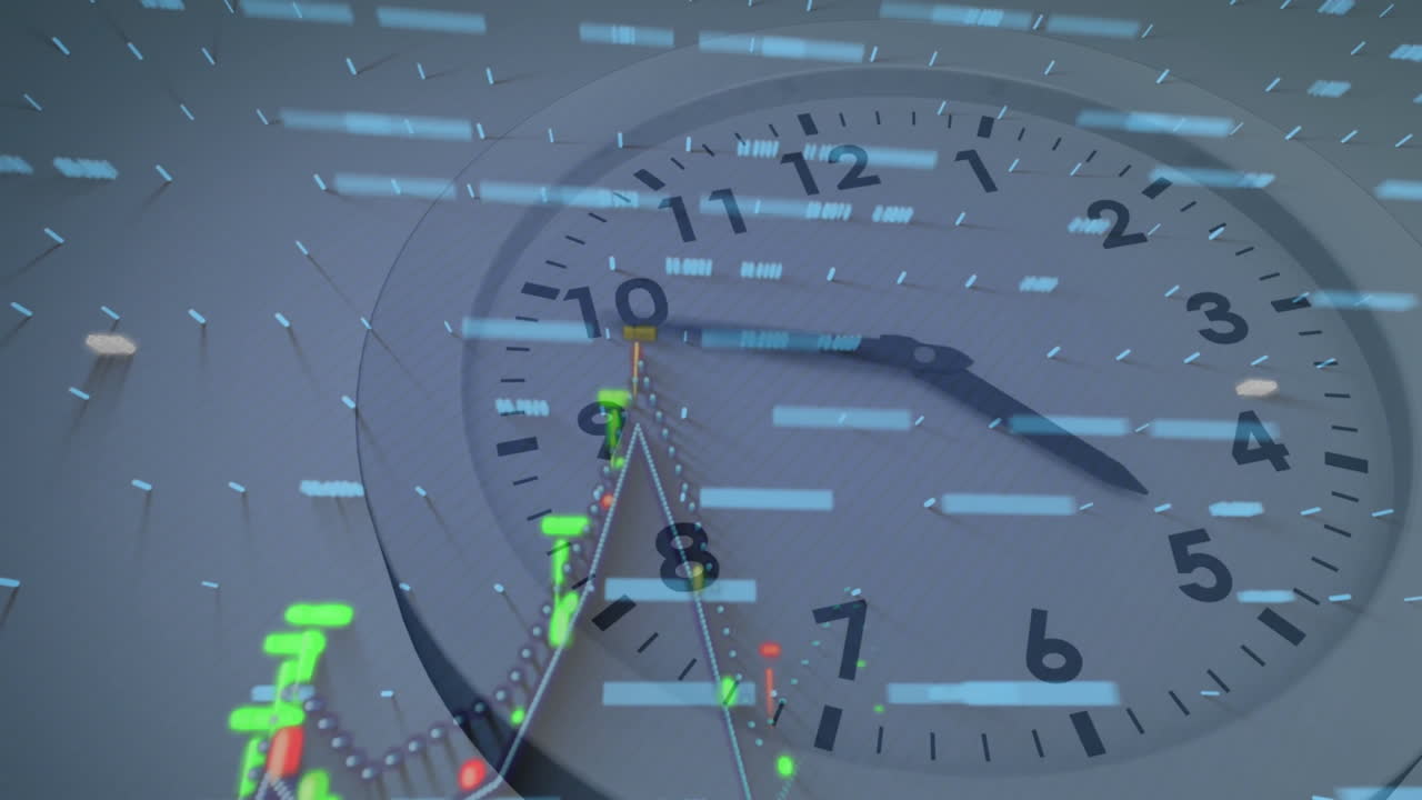 Animazione del quadrante di un orologio con dati finanziari e grafici che si sovrappongono al concetto di tempo.