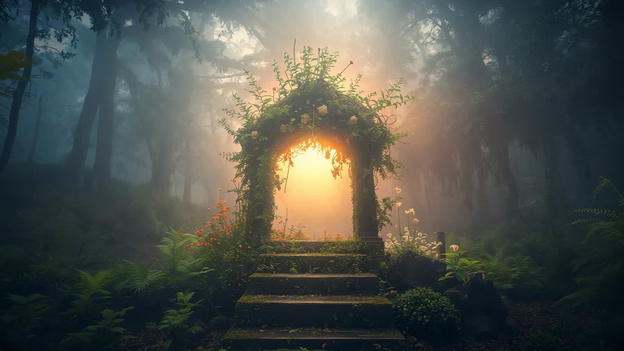 Sunlight intensifying behind arch, mossy stone archway revealing steps with mist thinning in forest