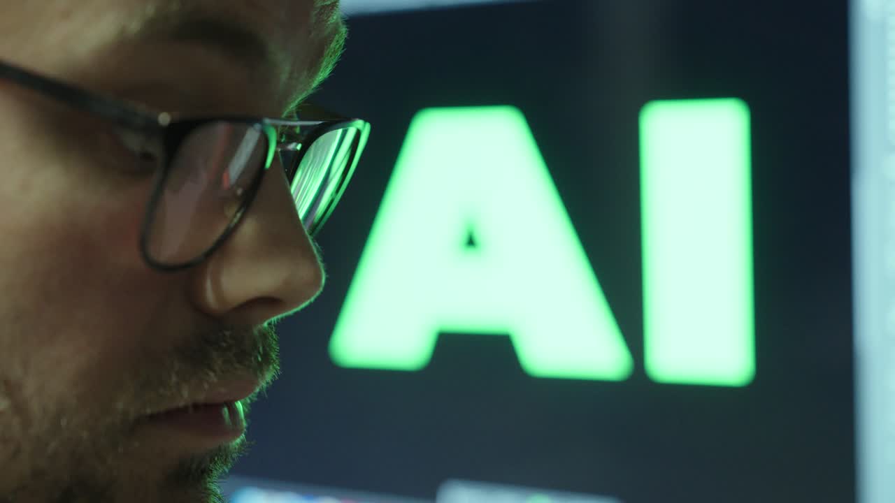 Close-up of a man looking both amazed and scared, with a large AI display glowing behind him