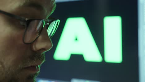 close-up of a man looking both amazed and scared, with a large ai display glowing behind him