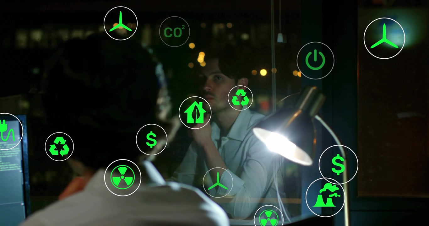 Trabajador de oficina sentado estudiando iconos flotantes de costos de energía verde, deslizando un icono que provoca un desvanecimiento.