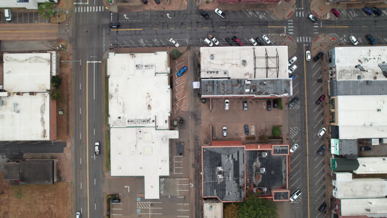 Top down aerial of a small town dowtown in the midwest, USA