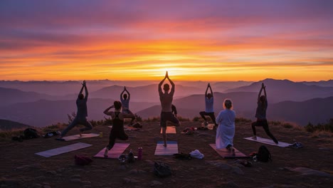 a serene group yoga practice at sunrise over majestic mountains, embracing peace and connection with nature amidst breathtaking scenery