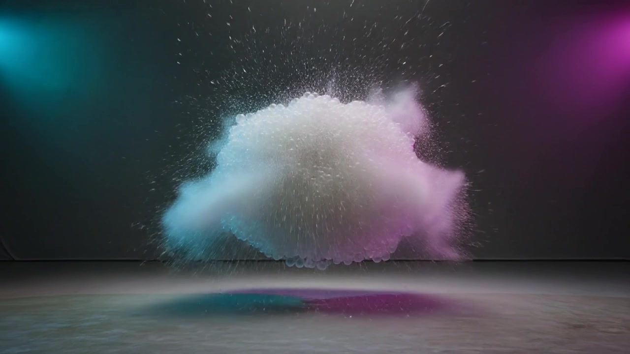 Comenzando el espectáculo, una nube de cuentas que se transforma sobre el escenario, contrayéndose y dispersándose bajo luces cian y magenta.