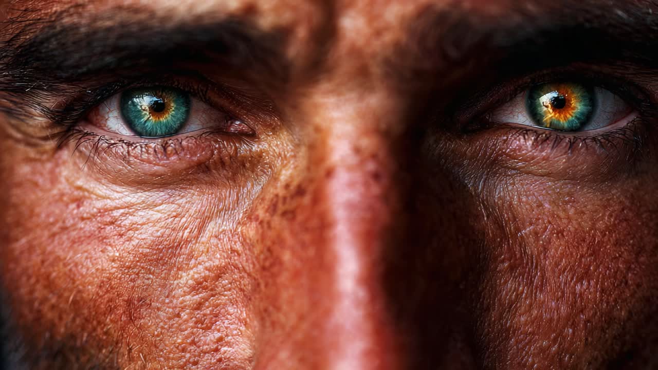 Intense Close-Up of a Weathered Face with Striking Heterochromatic Eyes Showcasing Deep Expressions and Intriguing Details of Skin Texture and Condition