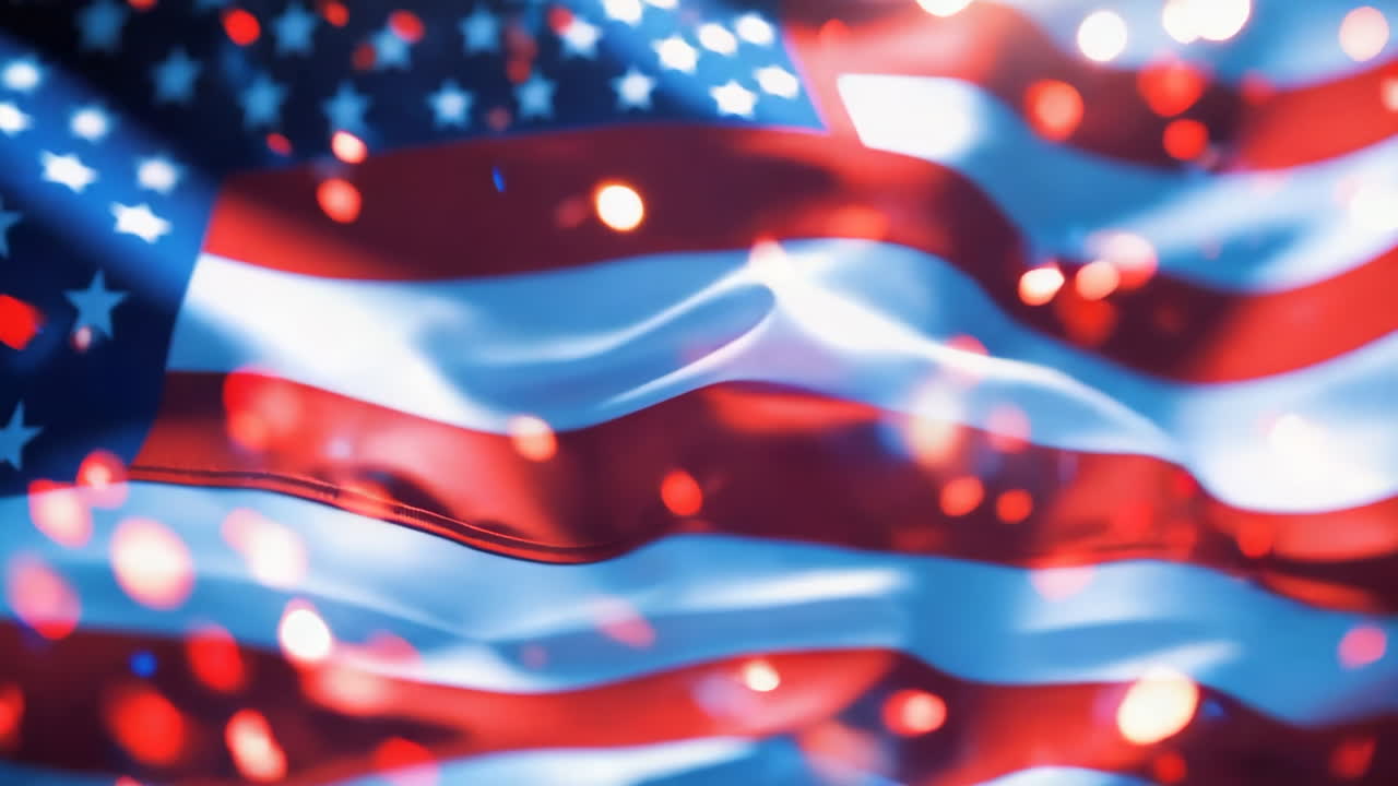 Waving American Flag with Sparkling Bokeh Lights