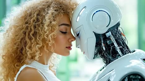 a woman is kissing a robot head on the cheek