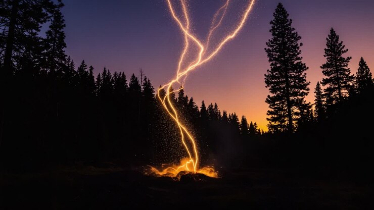 Un'ipnotica esplosione di scintille dorate elettriche illumina la foresta crepuscolare mentre i fulmini danzano tra gli alberi ed eruttano dal suolo in modo spettacolare