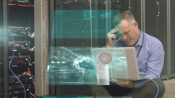 Animation der Datenverarbeitung über einem kaukasischen Mann, der einen Laptop im Serverraum benutzt