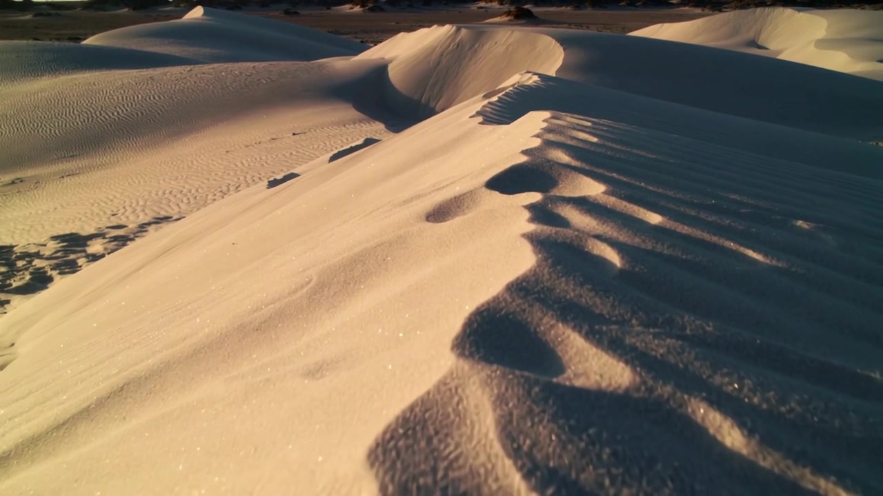 Telecamera in movimento che rivela la cresta di una duna di sabbia scolpita dal vento in un campo di dune, mostrando increspature e avvallamenti.