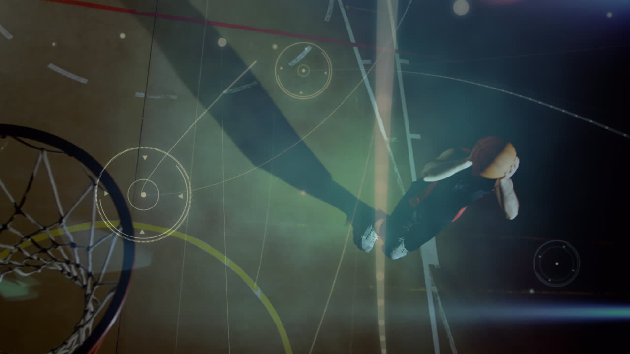 animación de redes de conexiones sobre un jugador de baloncesto caucásico en el gimnasio