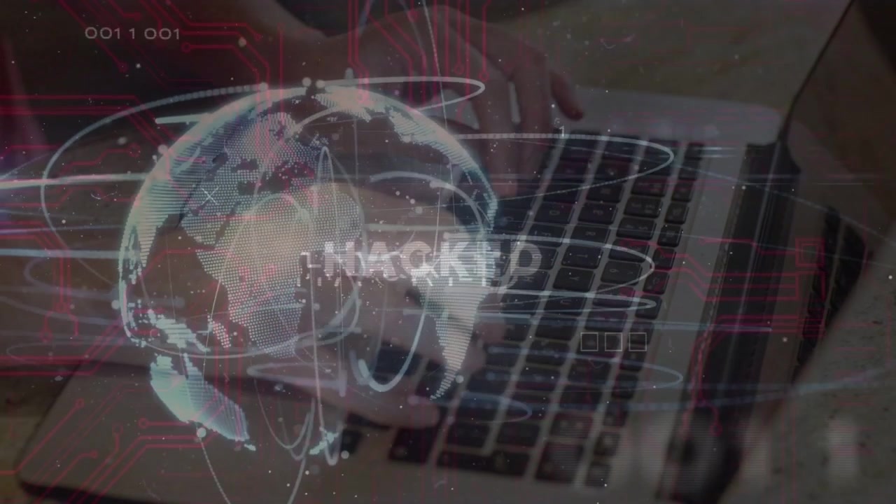 Woman typing on lap starting cybersecurity globe forming as HUD rings sweeping keys showing HACKED