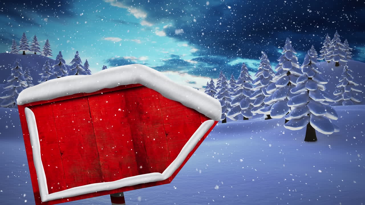 ⁇ 은 나무 표지판과 하늘을 반대하는 겨울 풍경의 여러 나무 위에 눈이 내리고 있습니다.