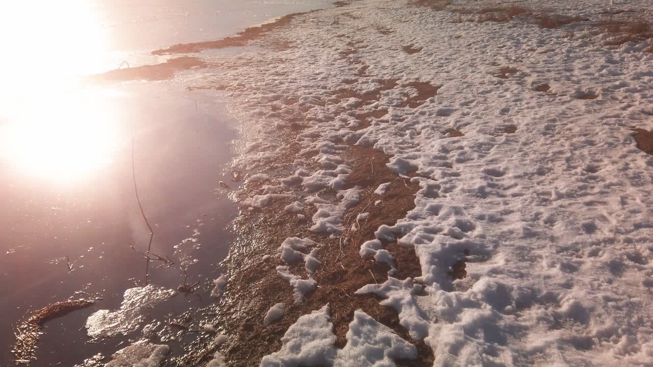 tiro inclinado hacia arriba de un lago congelado a lo largo de la orilla del lago