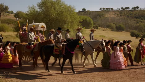 a grand procession of people on horseback and carriages in a rural setting