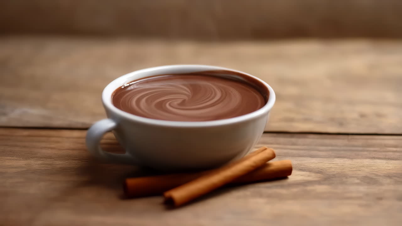 Cioccolata calda in tazza bianca con bastoncini di cannella su tavolo di legno