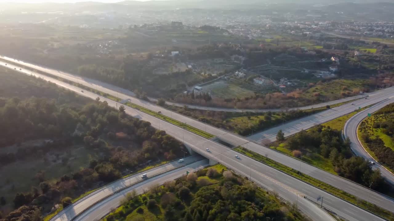 Aerial view of highway junctions with roundabout. Bridge roads shape circle in structure of architecture and transportation concept. Top view. Izmir Turkey