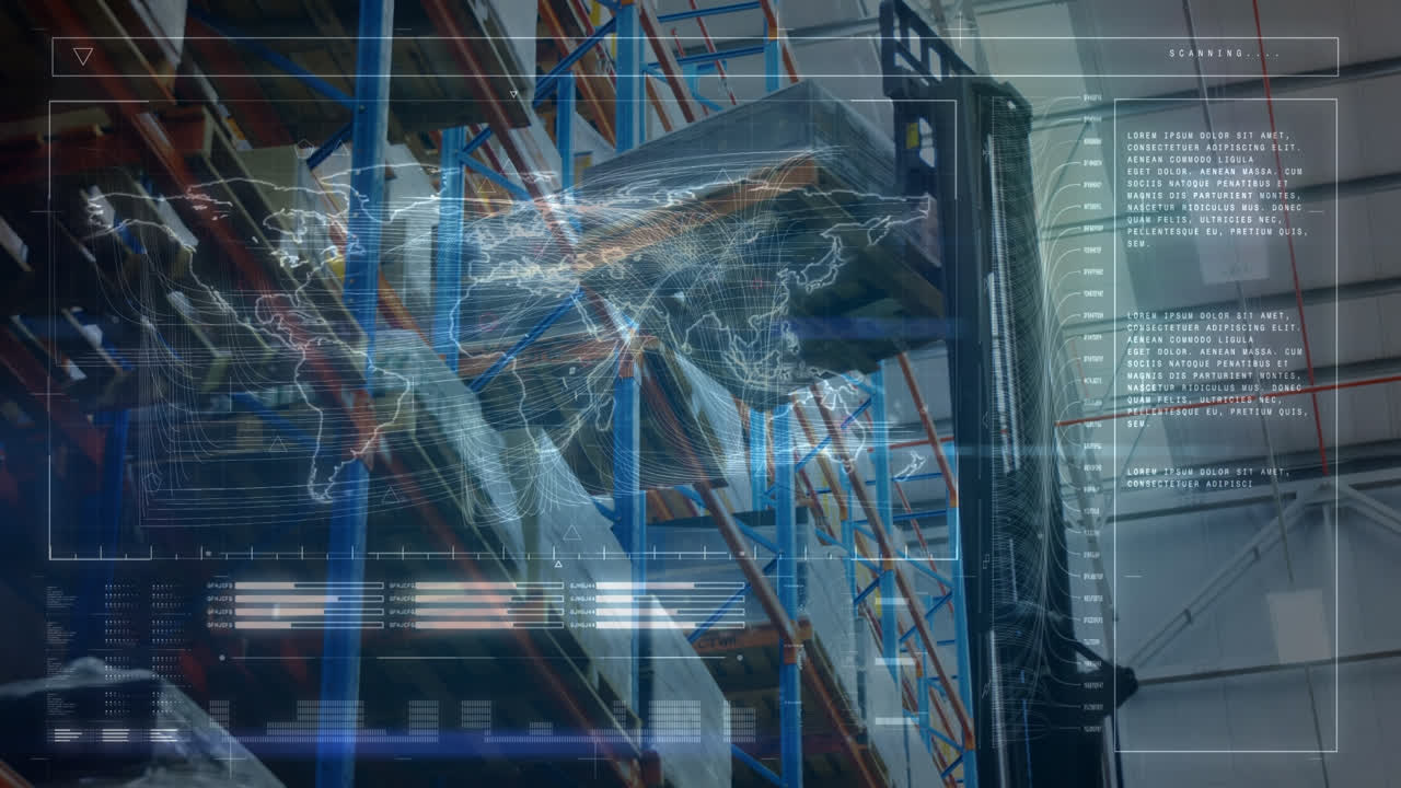 animación del procesamiento de datos y el mapa del mundo sobre las máquinas y las estanterías de almacenamiento en el almacén