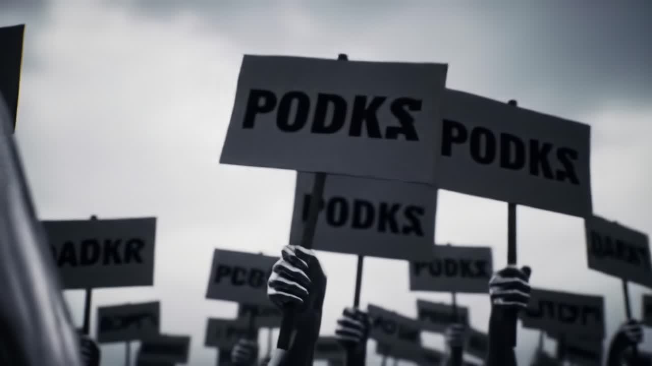 A Powerful Display of Unity and Determination: Protesters Holding Signs Aligned in Solidarity Against a Common Cause in a Dark and Dramatic Atmosphere