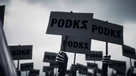 a powerful display of unity and determination: protesters holding signs aligned in solidarity against a common cause in a dark and dramatic atmosphere