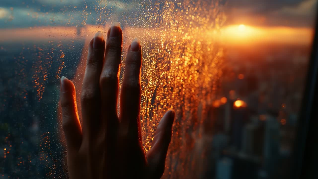 A Serene Moment Captured Through a Raindrop-Covered Window as the Sun Sets, Highlighting the Contrast Between the Warm Glow of Sunset and the Coolness of Rain