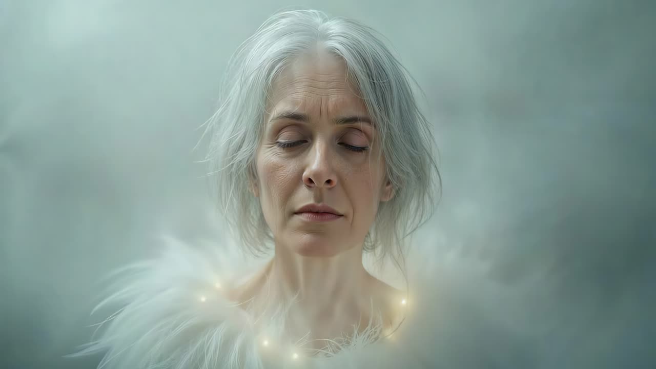 A serene older woman in meditation