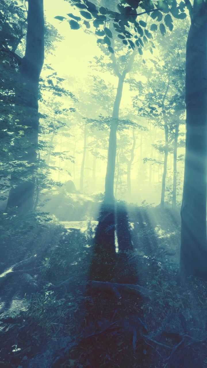 La luce del sole filtra tra gli alberi in una foresta nebbiosa nelle prime ore del mattino.
