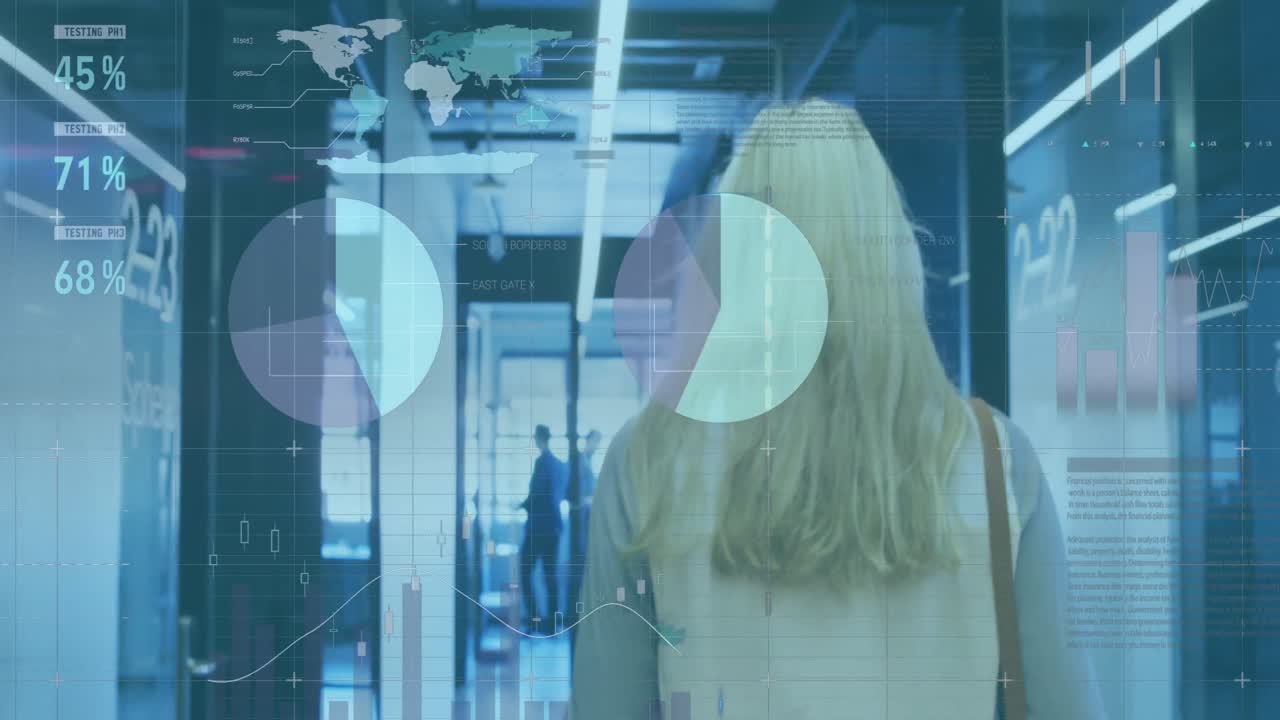 사무실에서 스마트폰을 사용하는 백인 여성에 대한 통계 데이터 처리의 애니메이션