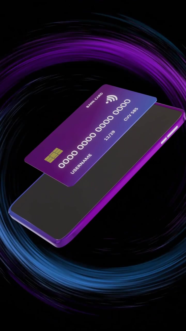 Animazione di carta di credito e smartphone su sfondo nero