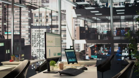 modern office with city view and multiple monitors