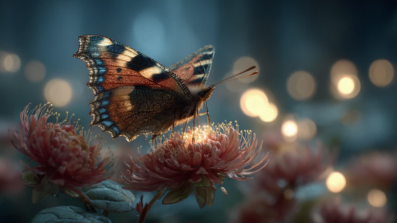 Una Bellissima Farfalla Delicatamente Appoggiata su Fiori Vibranti, Abbracciando la Serenità della Natura con Luce Soffusa e un'Atmosfera Sognante.