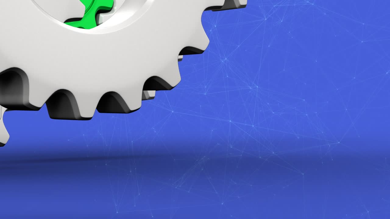 Animation of network of connections and gears over blue background