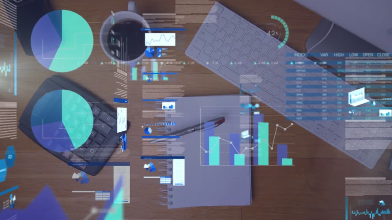 Animation of statistical data processing against pen falling over office equipment on wooden surface