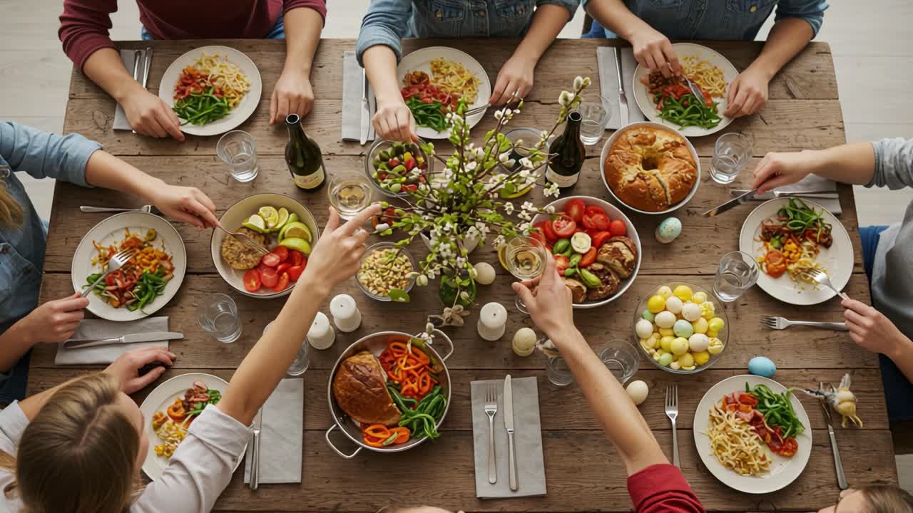 A Joyous Gathering: Celebrating Togetherness with a Festive Meal Surrounded by Laughter, Delicious Dishes, and Family Connections on a Beautiful Table Setting