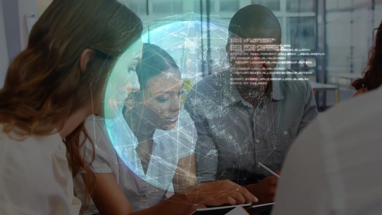 Center woman tapping tablet causing 3D globe growing and code fading over tech team reviewing