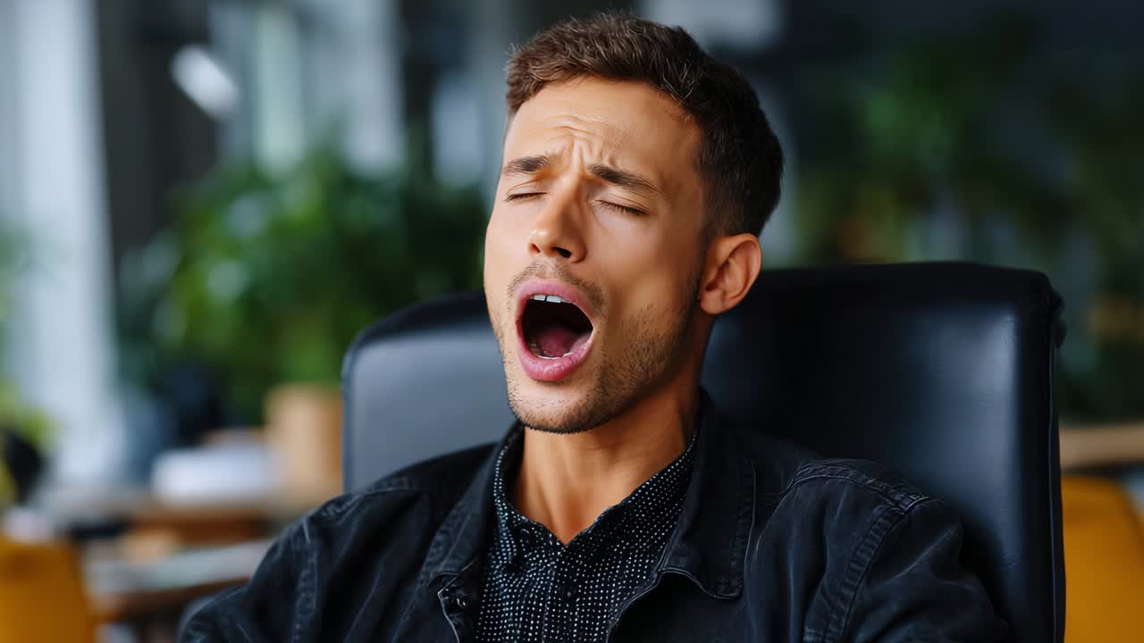 A man in a relaxed posture showcases a powerful yawn, illustrating a moment of fatigue or boredom while seated in an office environment; the emotional expression on his face highlights the intensity of the moment