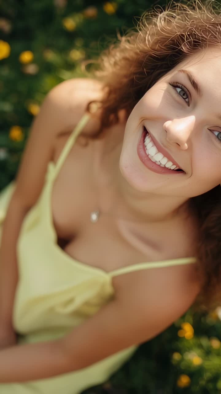 Vertical video: Smiling woman looking up while camera moving closer in grassy meadow, yellow dress