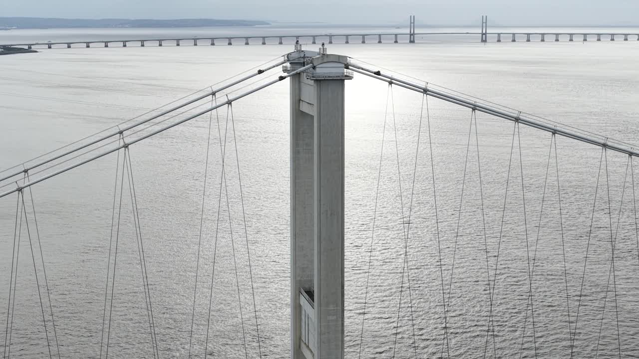 Aerial view of the Severn Bridge (Pont Hafren), the historic motorway suspension bridge connecting England and Wales, showcasing its engineering design, river crossing, and transport significance